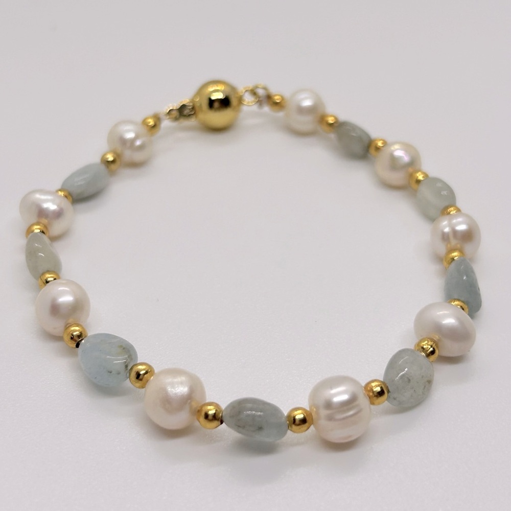 White Freshwater Pearl & Aquamarine Stones 18K GP Bracelet